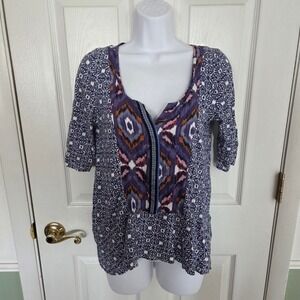 Akemi + Kin Anthropologie Mixed Print Ikat Medallion Boho Blouse Purple Blue S